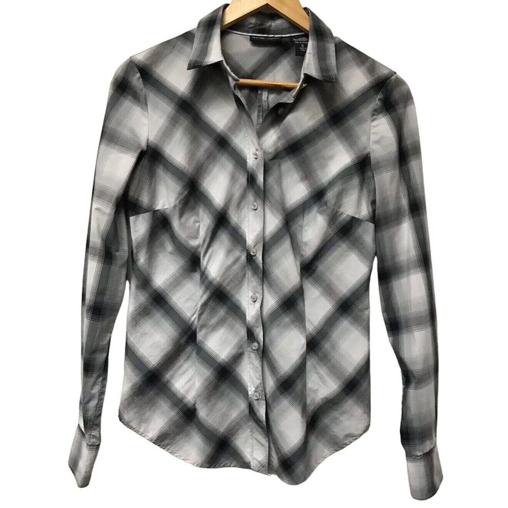 New York & Company Top Womens Small Stretch Plaid Gray Black